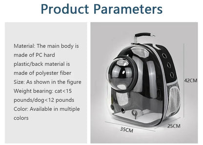 Transparent space capsule pet backpack by Furvio Shop showing a clear, lightweight carrier with a pet inside for easy visibility and comfort.