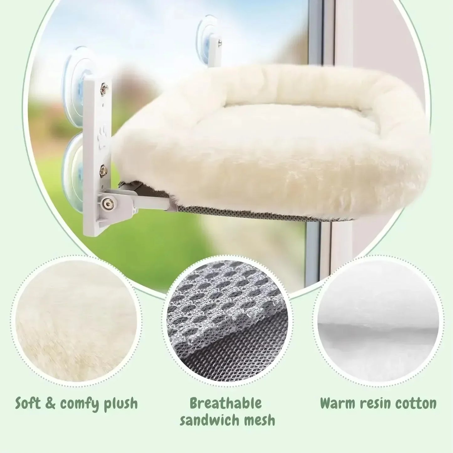 Furvio Shop cordless window cat hammock and sunbed attached to a window, featuring soft fabric and secure suction cups for comfortable lounging