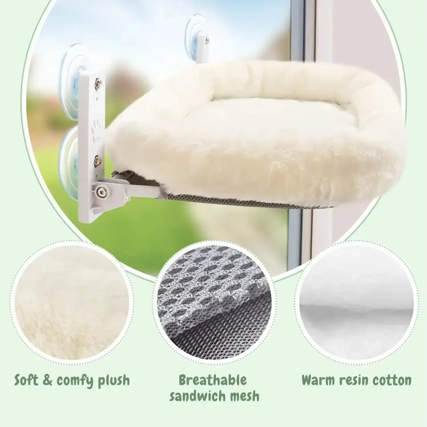 Furvio Shop cordless window cat hammock and sunbed attached to a window, featuring soft fabric and secure suction cups for comfortable lounging