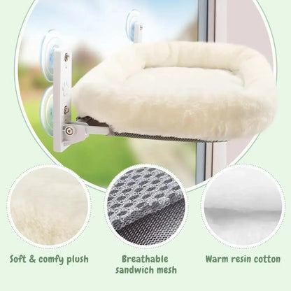 Furvio Shop cordless window cat hammock and sunbed attached to a window, featuring soft fabric and secure suction cups for comfortable lounging