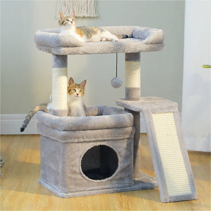 Compact 3-tier cat tree with scratching pad by Furvio Shop, featuring cozy platforms and sisal-covered scratching posts for cats.