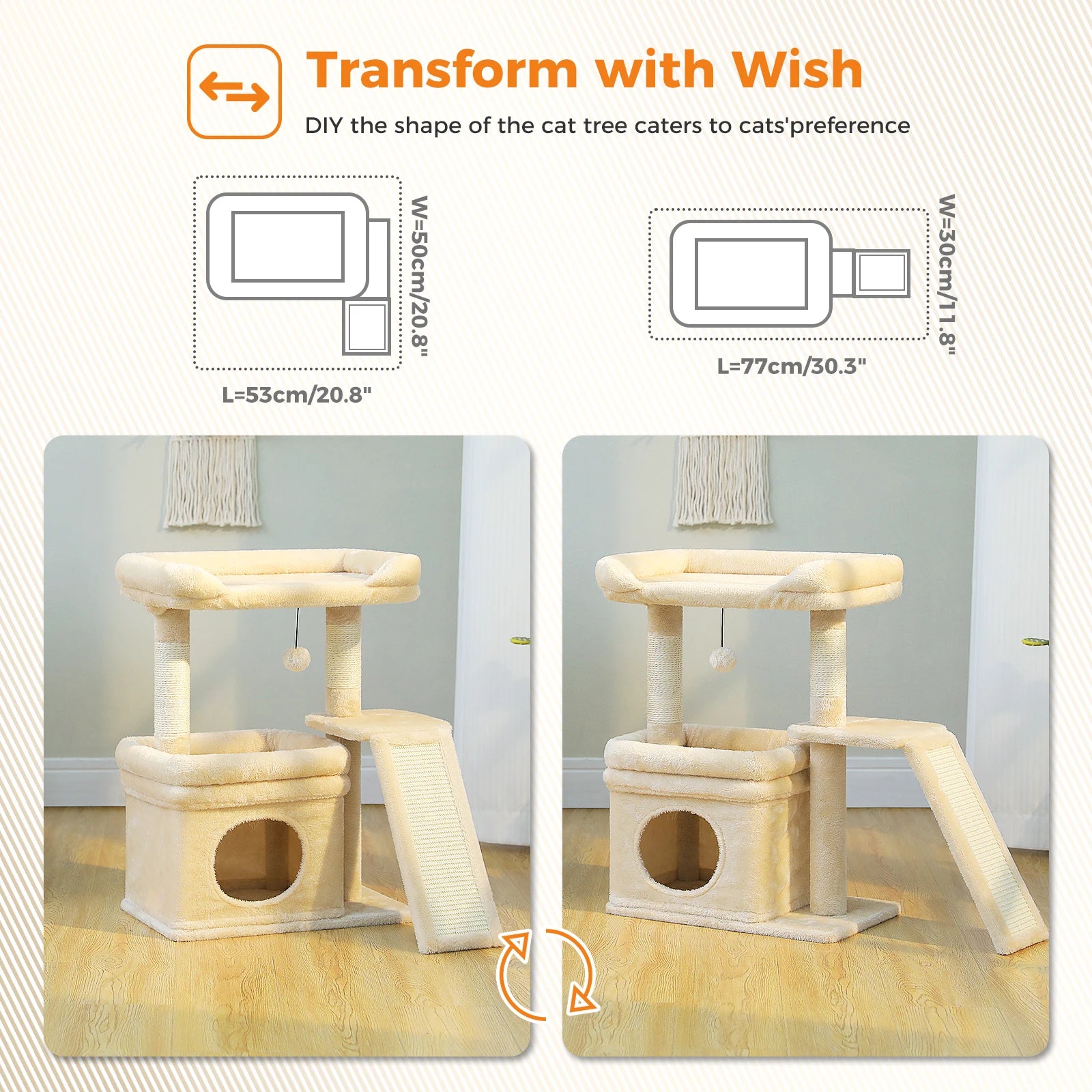 Compact Furvio Shop 3-tier cat tree with scratching pad showing cozy platforms and sisal scratching posts for cats.