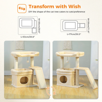 Compact Furvio Shop 3-tier cat tree with scratching pad showing cozy platforms and sisal scratching posts for cats.