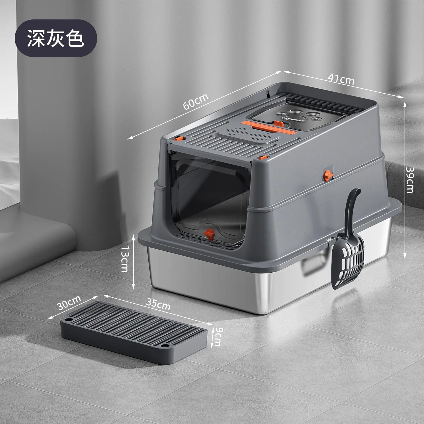 Premium stainless steel enclosed litter box by Furvio Shop showing a sleek, modern design with a spacious interior and secure door.