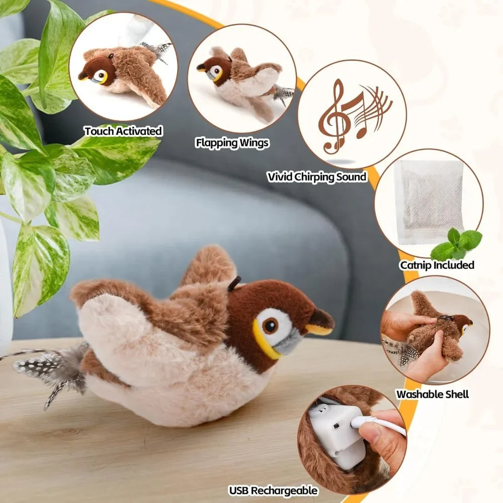 Interactive Flapping Bird cat toy by Furvio Shop, USB rechargeable, featuring a colorful, animated bird designed to entertain cats.