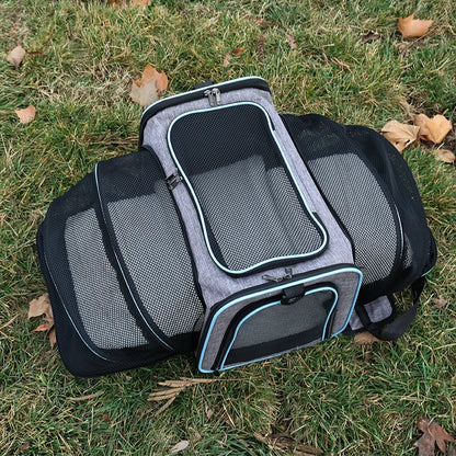 Expandable breathable pet carrier bag by Furvio Shop with mesh sides and adjustable straps for comfortable pet transport