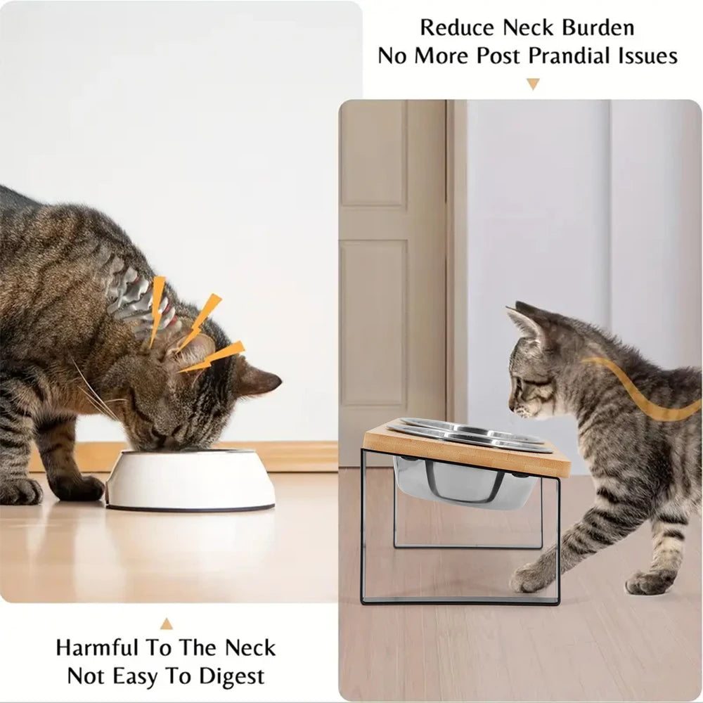 Furvio Shop elevated wooden dual cat bowl set with two stainless steel bowls on a raised wooden stand for cats.