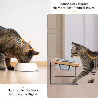 Furvio Shop elevated wooden dual cat bowl set with two stainless steel bowls on a raised wooden stand for cats.