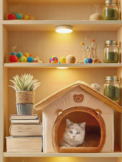 Foldable winter pet villa from Furvio Shop, cozy pet house with plush interior and easy-to-fold design for small pets.