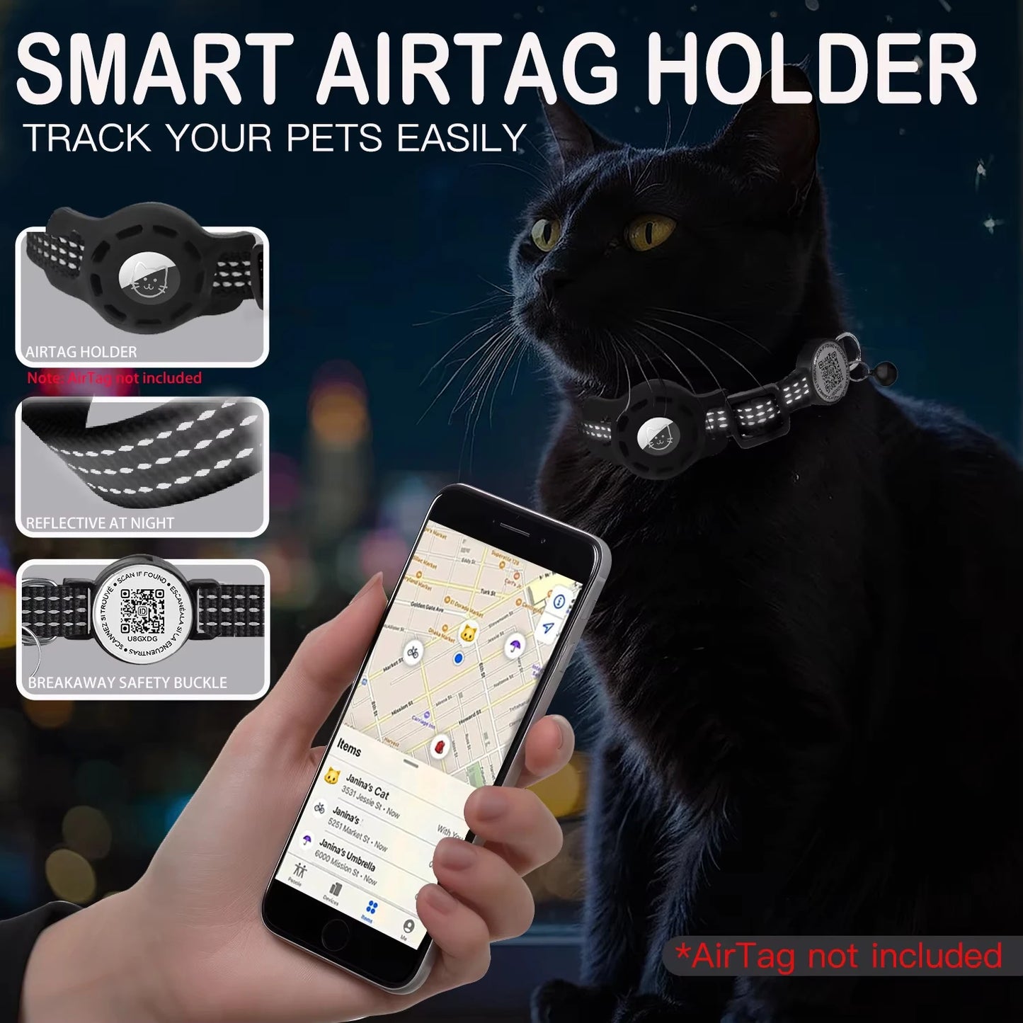 Furvio Shop Smart AirTag and QR Code cat collar in blue with adjustable strap and safety breakaway release.