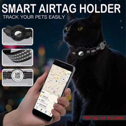Furvio Shop Smart AirTag and QR Code cat collar in blue with adjustable strap and safety breakaway release.