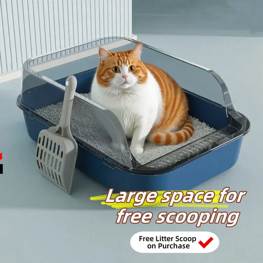 Open top splashproof cat litter box by Furvio Shop with high sides and durable plastic construction, designed for easy cleaning.