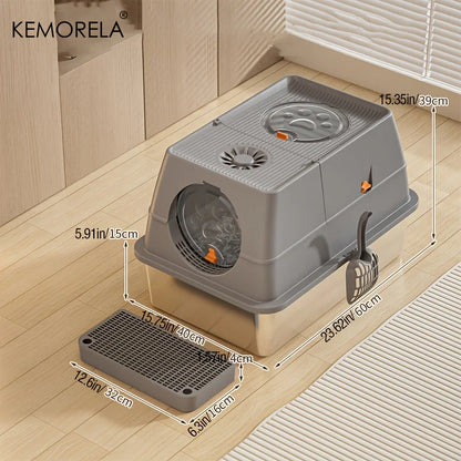 Furvio Shop odor-proof stainless steel enclosed litter box with lid and entry hole for cats, designed for odor control and easy cleaning.