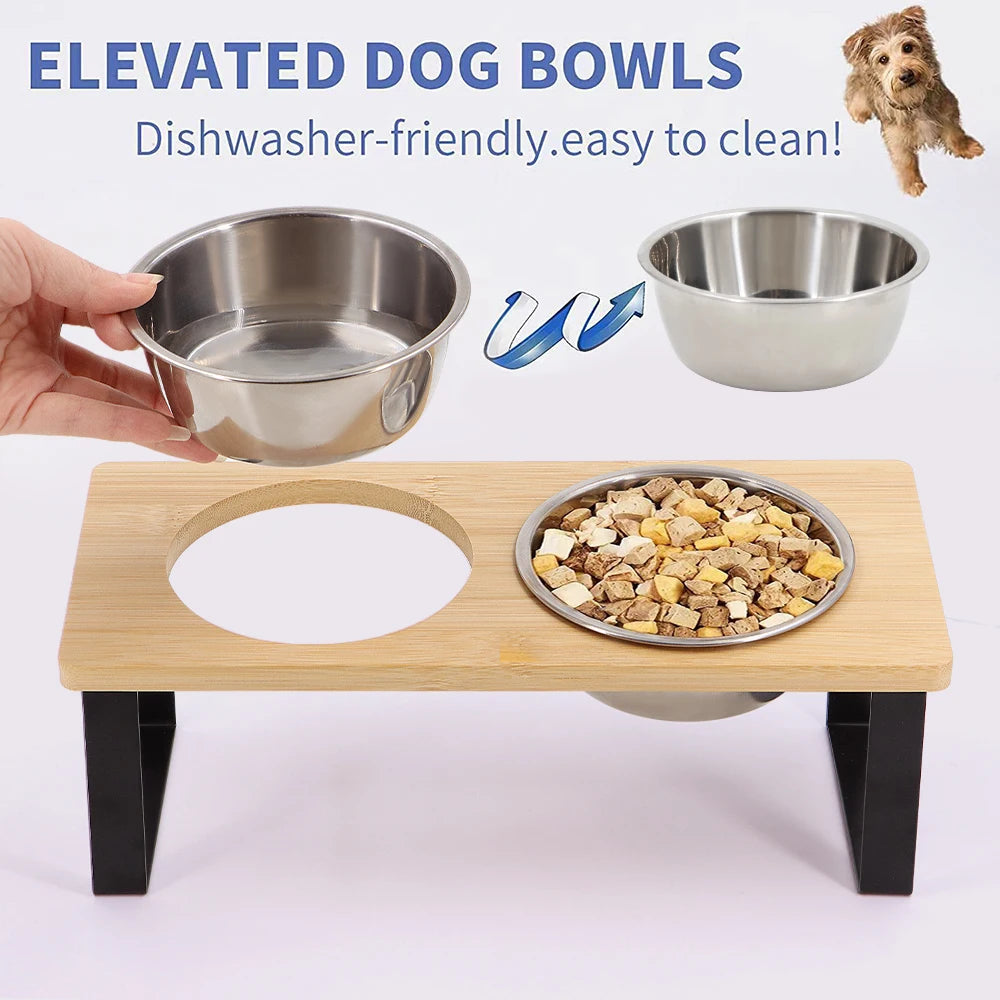 Elevated wooden dual cat bowl set by Furvio Shop with two stainless steel bowls on a wooden stand for easy feeding.
