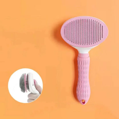 Furvio Shop self-cleaning pet grooming brush with ergonomic handle and stainless steel teeth for gentle fur removal.