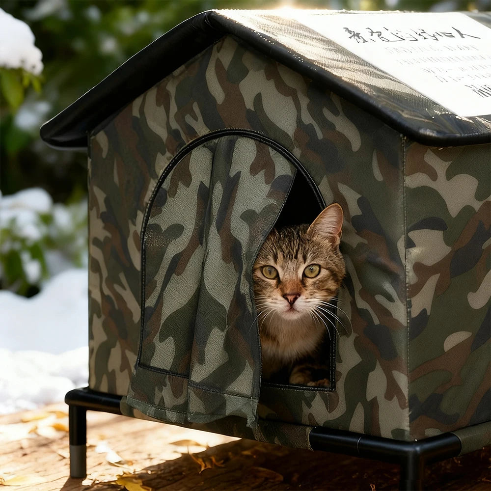 Waterproof outdoor cat house from Furvio Shop, showing a cozy shelter with a sloped roof and entrance for outdoor cats.