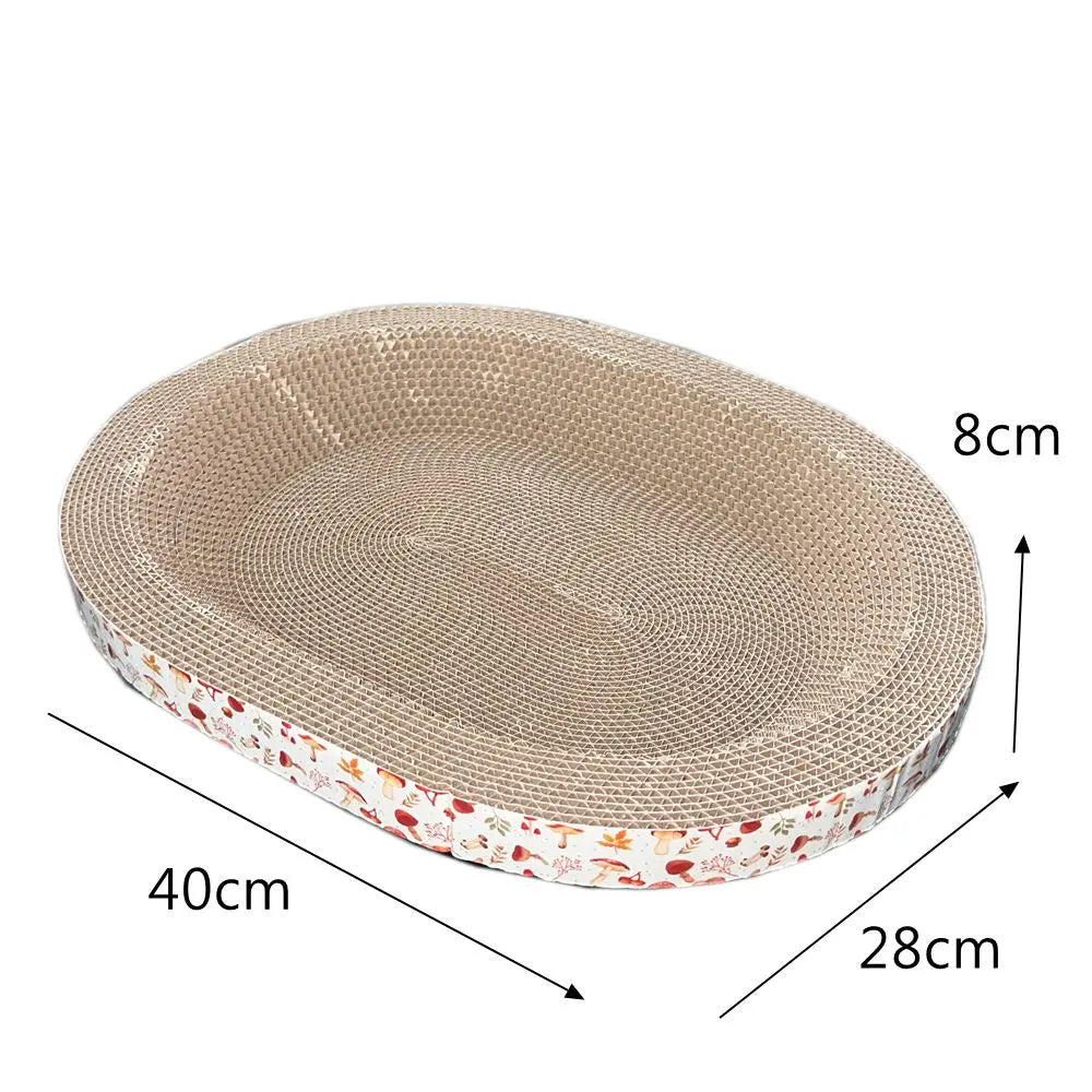 Oval corrugated cat scratcher and lounge bed by Furvio Shop with cozy interior and textured surface for scratching and resting.