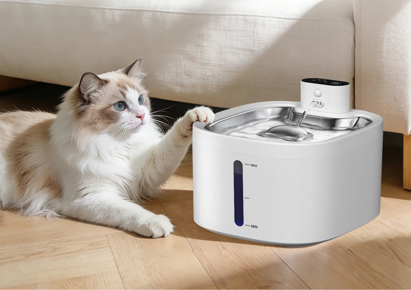 Furvio Shop AquaFlow Wireless Smart Pet Fountain, 3.5L, with flowing water and sleek design for cats and dogs.