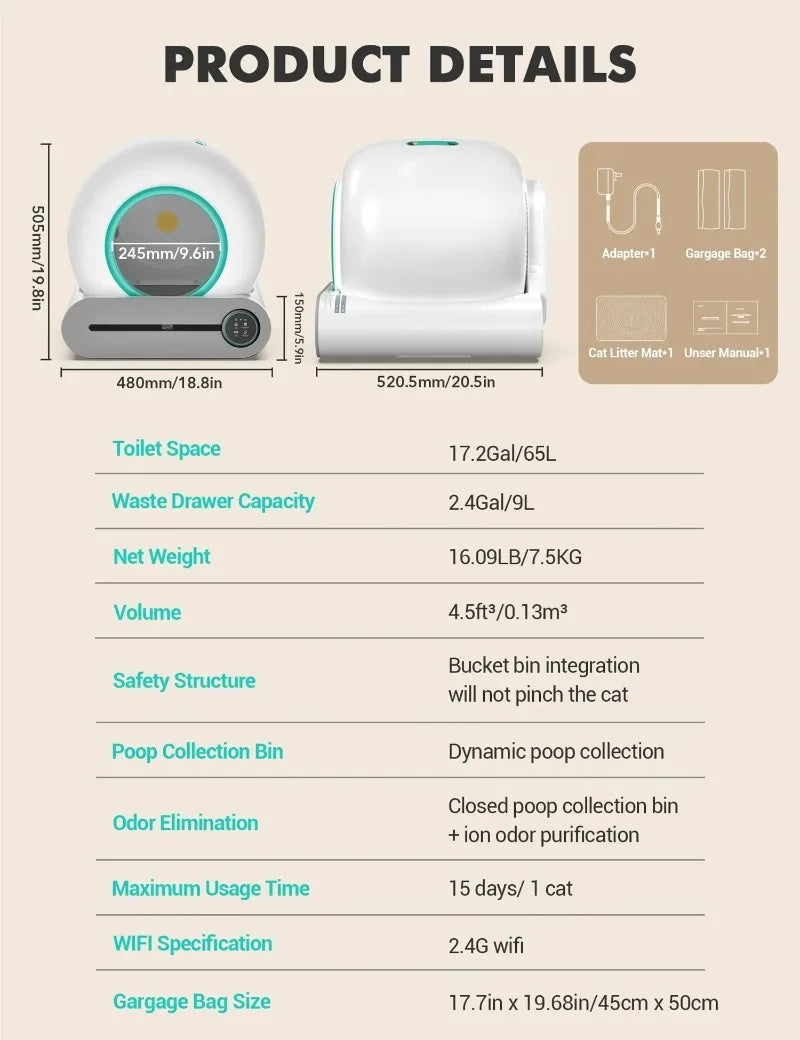 Furvio Shop Tonepie Smart Automatic Self-Cleaning Cat Litter Box with 65L capacity, showing the sleek design and open tray for cats.