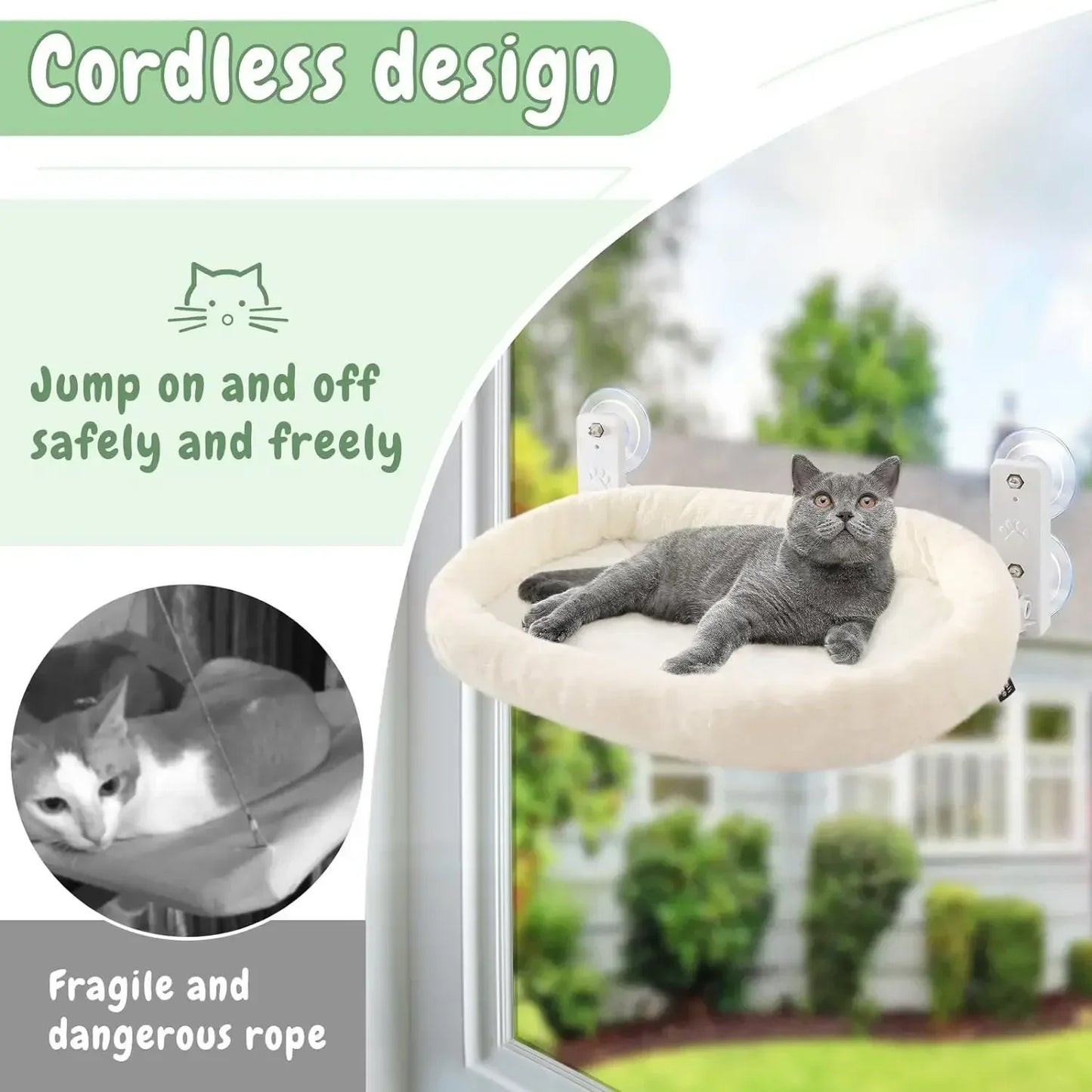Furvio Shop cordless window cat hammock and sunbed showing a cozy, suspended perch with a soft cushion for cats to relax basking in sunlight.