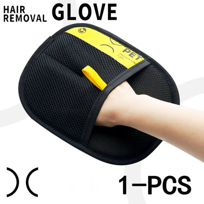 Furvio Shop electrostatic pet hair remover glove showing hand wearing the glove with pet hair being lifted from fabric surface.