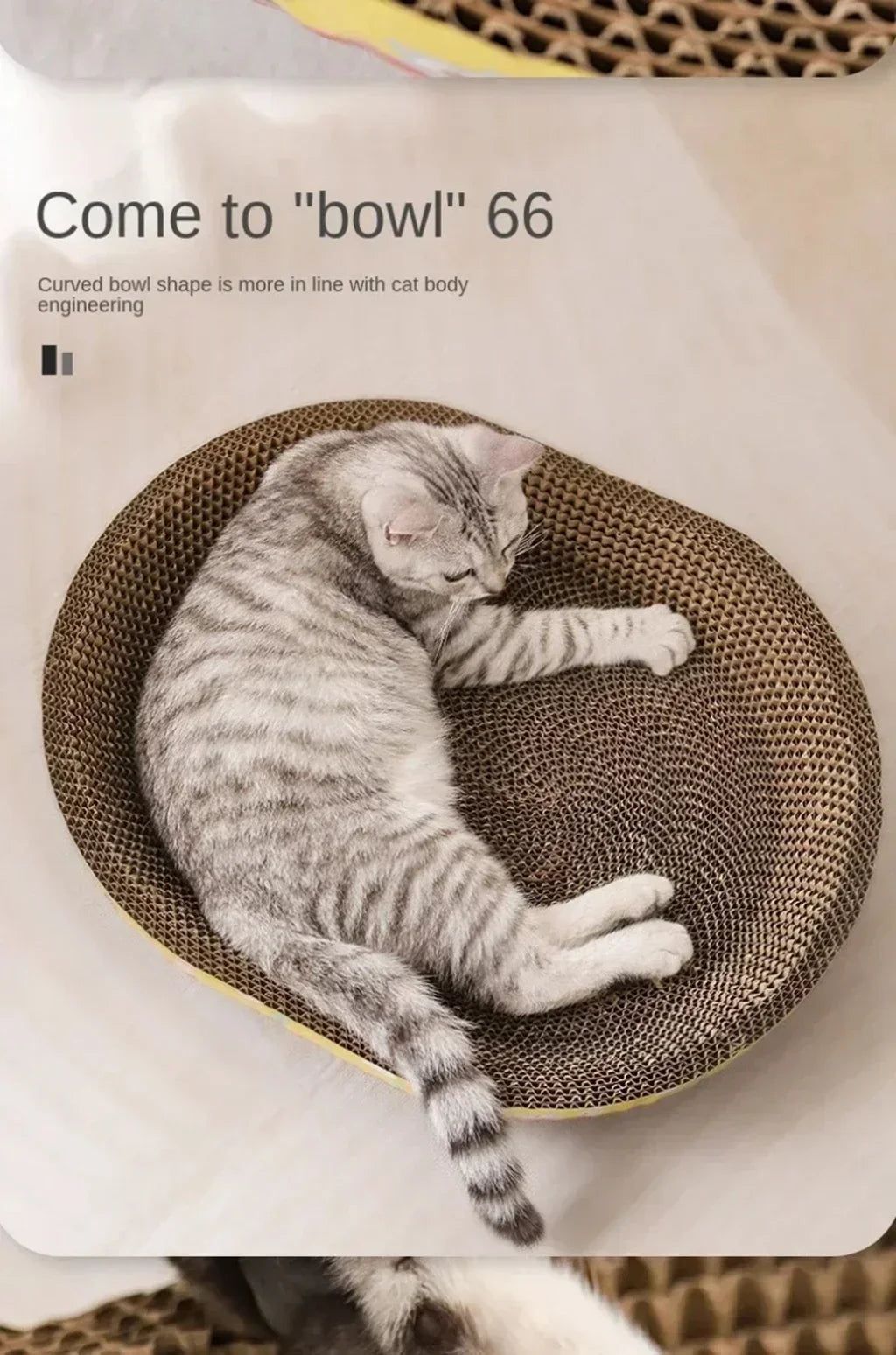 Oval corrugated cat scratcher and lounge bed by Furvio Shop, showing a cozy, textured surface for scratching and relaxing.