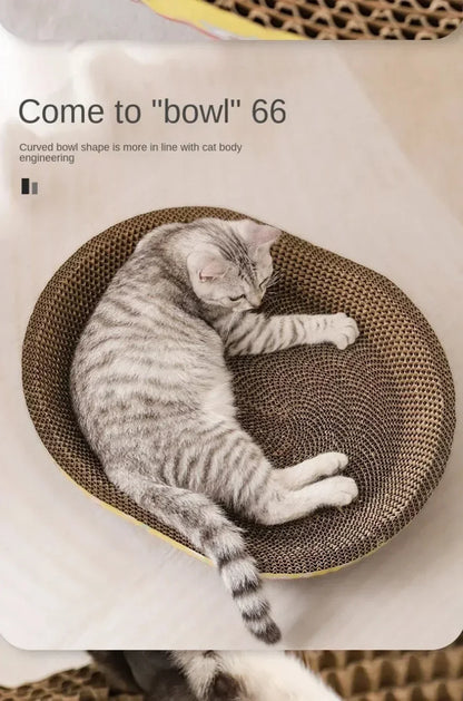 Oval corrugated cat scratcher and lounge bed by Furvio Shop, showing a cozy, textured surface for scratching and relaxing.