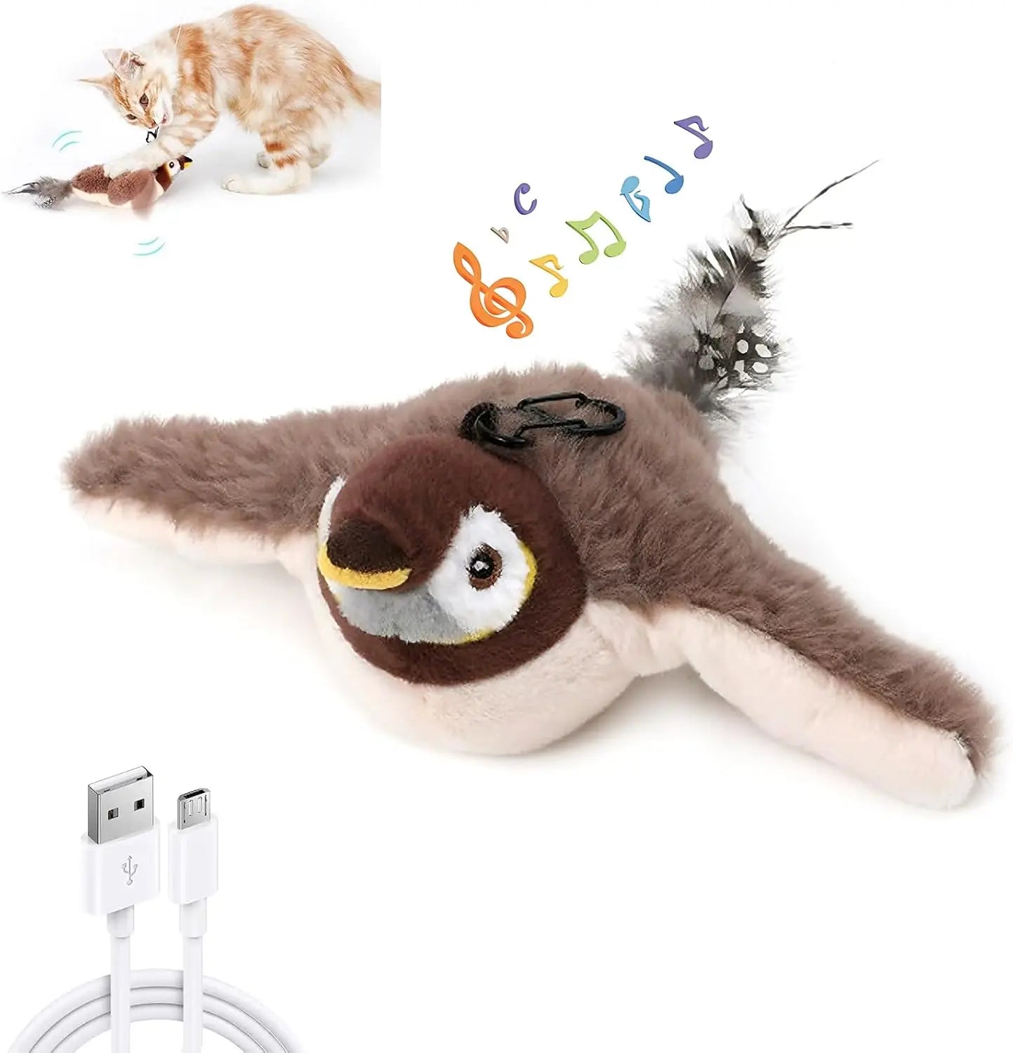 Furvio Shop interactive flapping bird cat toy with USB rechargeable design, featuring realistic feathers and bright colors.