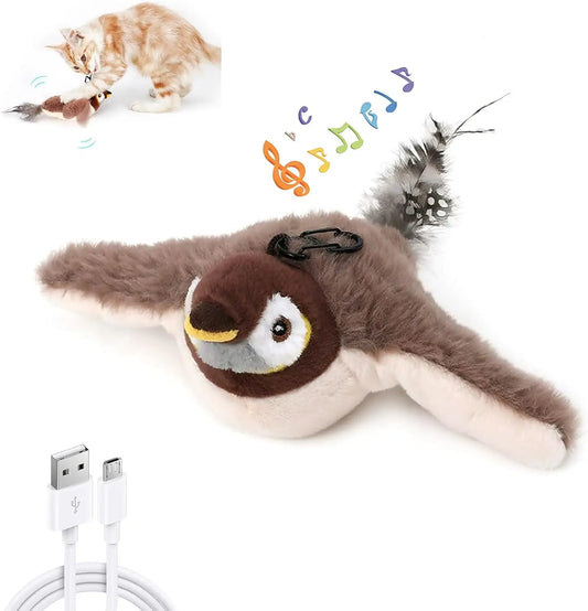 Furvio Shop interactive flapping bird cat toy with USB rechargeable design, featuring realistic feathers and bright colors.