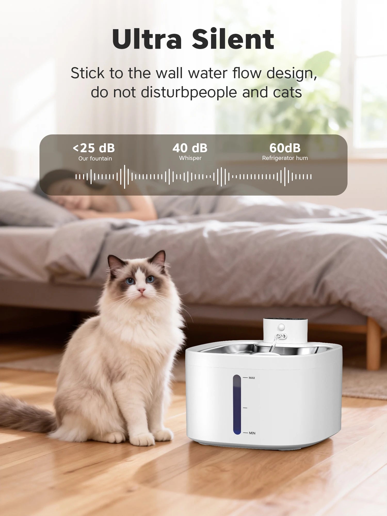 Furvio Shop AquaFlow Wireless Smart Pet Fountain with 3.5L capacity, showing the sleek water dispenser and spout for pets