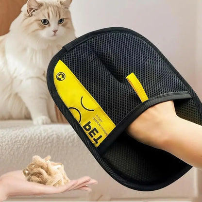 Furvio Shop electrostatic pet hair remover glove with textured surface for removing pet hair from clothing and furniture.