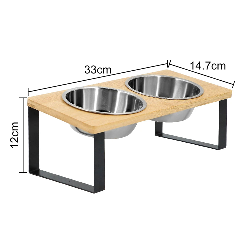 Elevated wooden dual cat bowl set by Furvio Shop featuring two ceramic bowls on a sleek wooden stand for easy feeding.