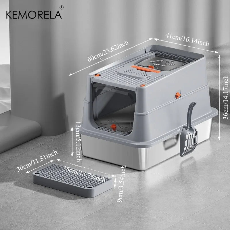 Premium stainless steel enclosed litter box by Furvio Shop, featuring a sleek design with a door and ventilation for cats.