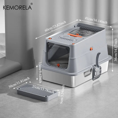 Premium stainless steel enclosed litter box by Furvio Shop, featuring a sleek design with a door and ventilation for cats.