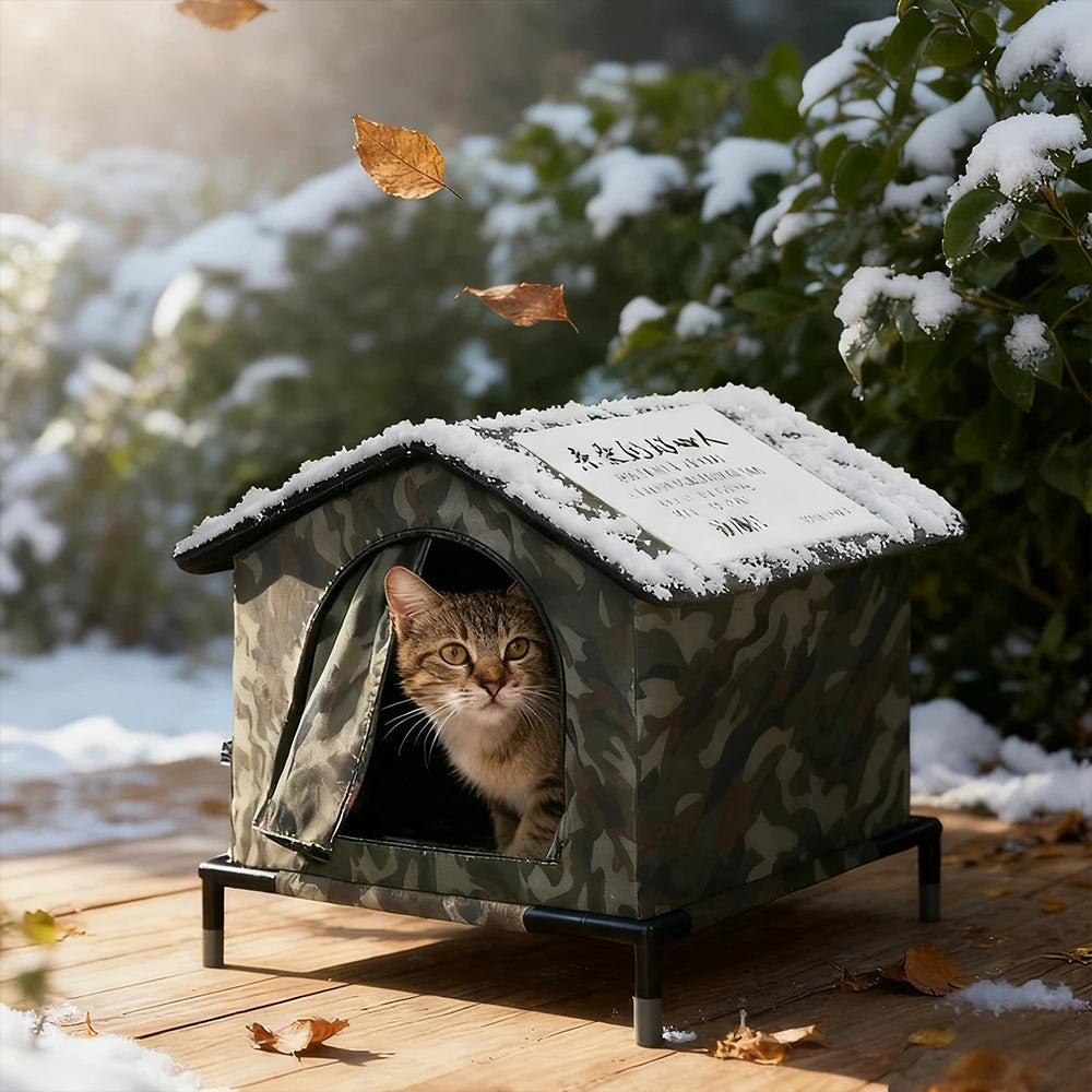 Waterproof outdoor cat house and shelter by Furvio Shop, showing a cozy, weather-resistant shelter for outdoor cats
