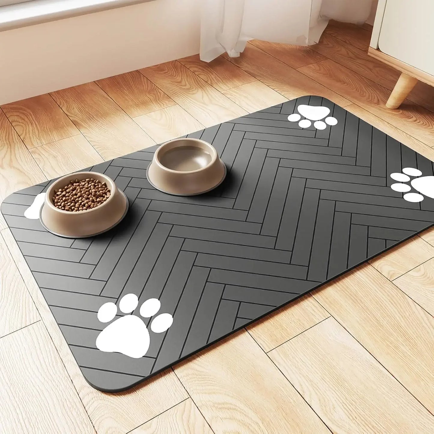 Furvio Shop quick-dry absorbent pet feeding mat with colorful paw print design, ideal for keeping feeding area clean