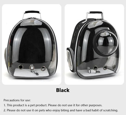 Transparent space capsule pet backpack by Furvio Shop showing a clear, rounded design with adjustable straps for carrying small pets.