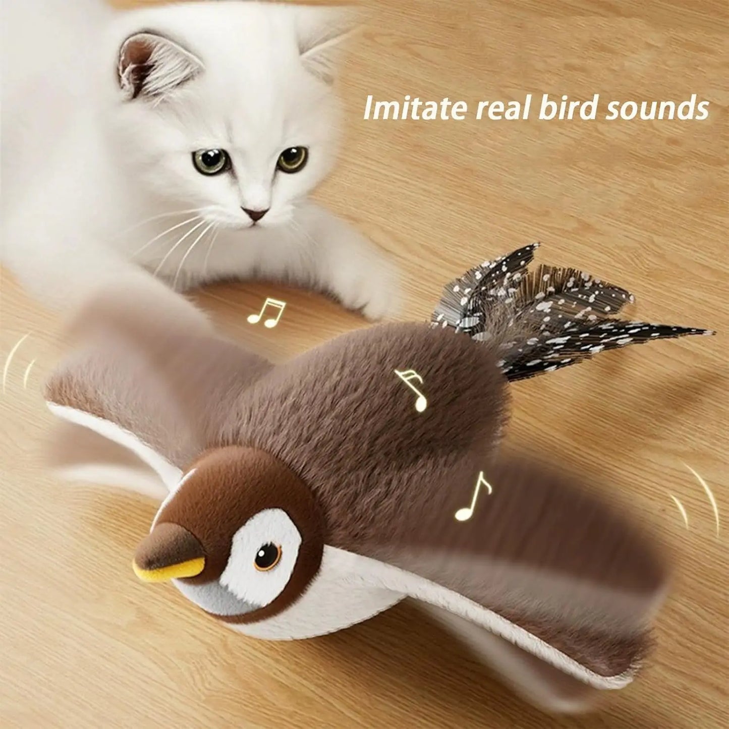Interactive Flapping Bird cat toy from Furvio Shop, USB rechargeable with realistic bird design for feline entertainment.