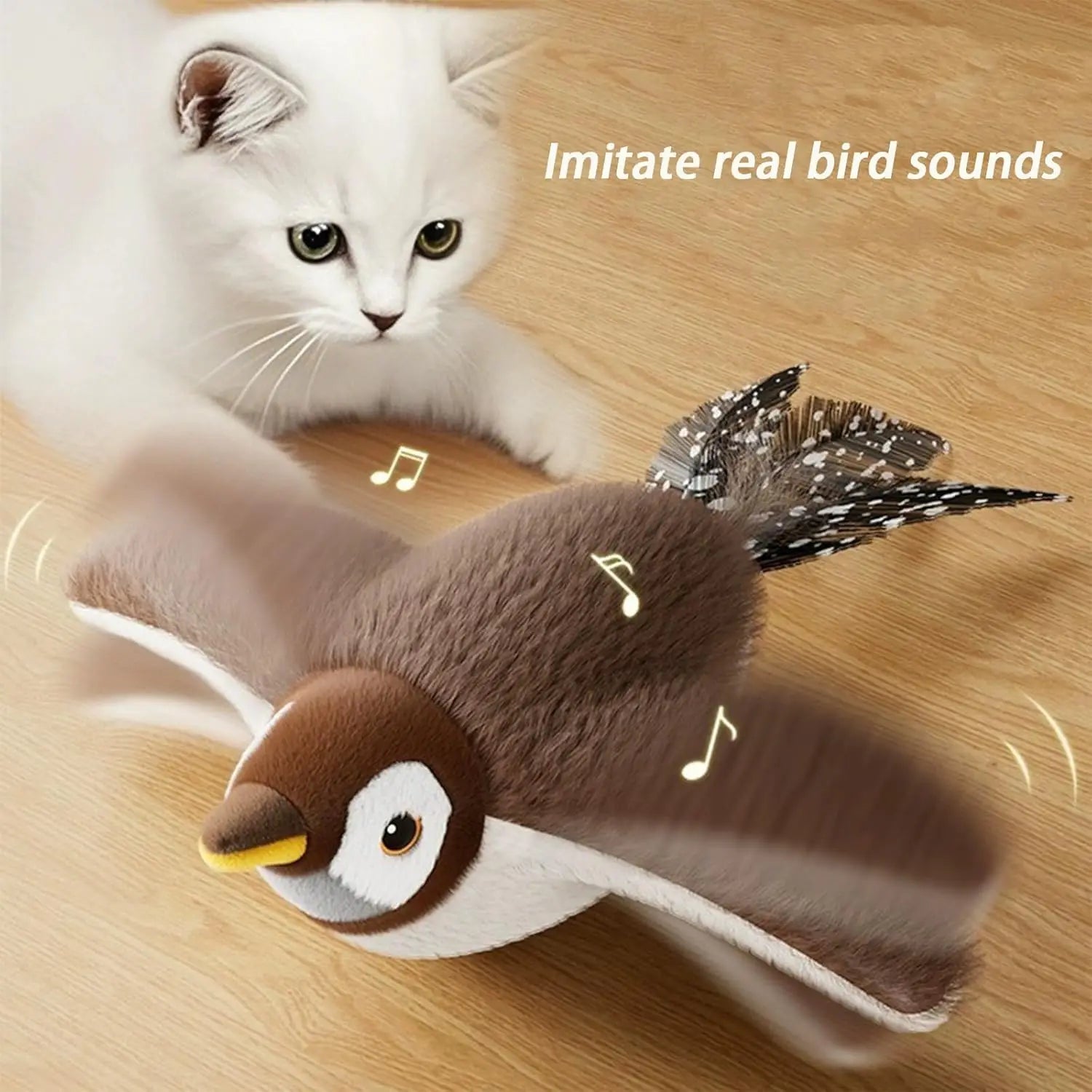 Interactive Flapping Bird cat toy from Furvio Shop, USB rechargeable with realistic bird design for feline entertainment.