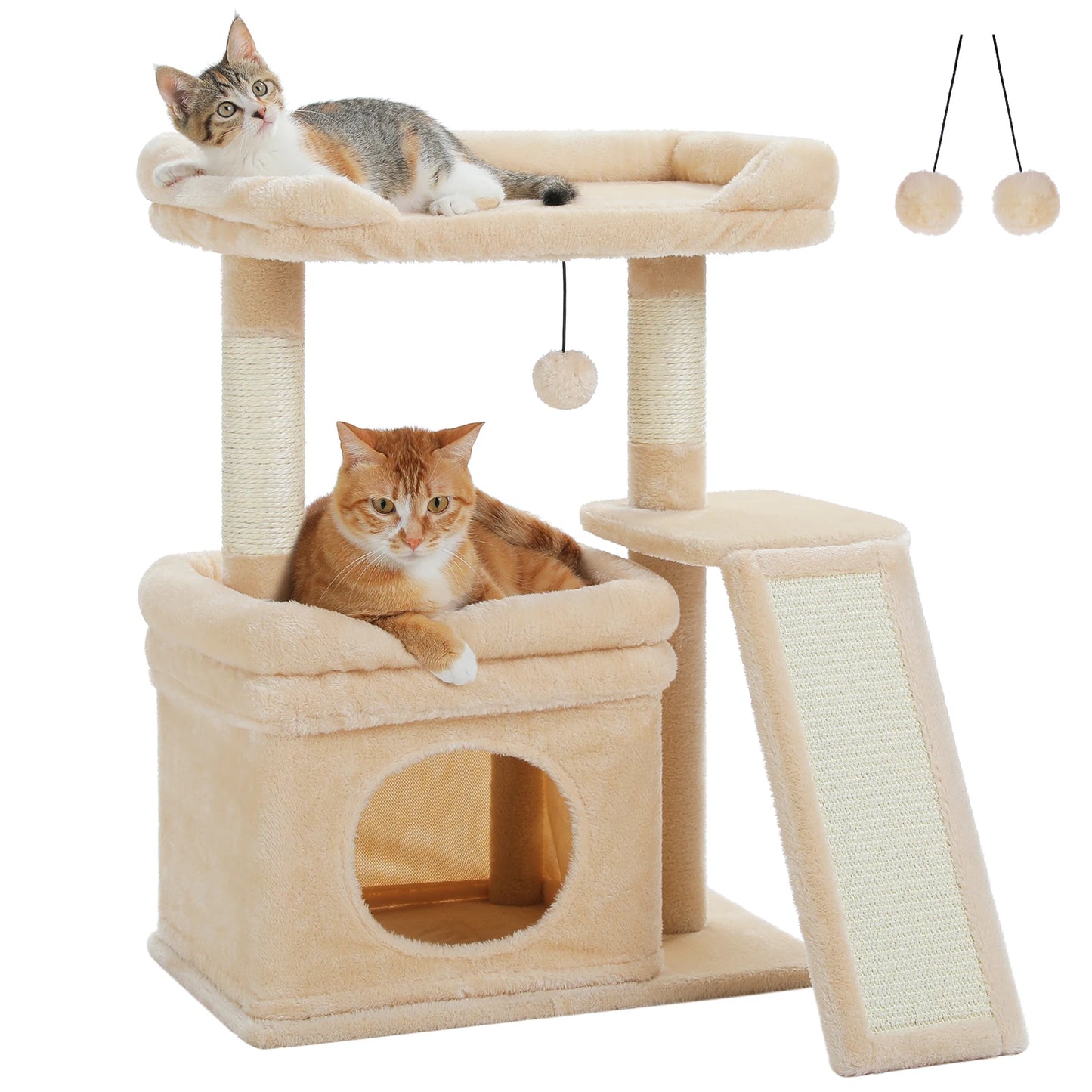 Compact 3-tier Furvio Shop cat tree with scratching pad, featuring cozy platforms and sisal scratching posts for feline play and rest.
