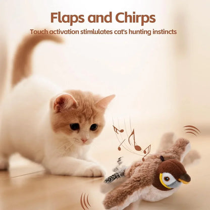 Interactive Flapping Bird Cat Toy by Furvio Shop, USB rechargeable with colorful feathers and moving wings for feline entertainment.