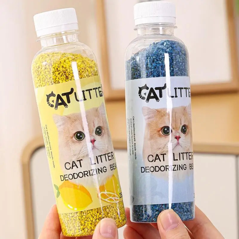 Furvio Shop long-lasting cat litter deodorizing beads in a clear container, designed to absorb odors and keep litter fresh.