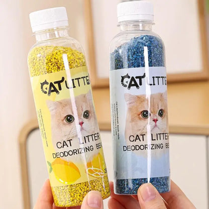 Furvio Shop long-lasting cat litter deodorizing beads in a clear container, designed to absorb odors and keep litter fresh.