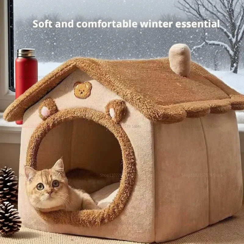 Foldable winter pet house by Furvio Shop, cozy pet villa with plush interior and foldable design for easy storage and warmth.