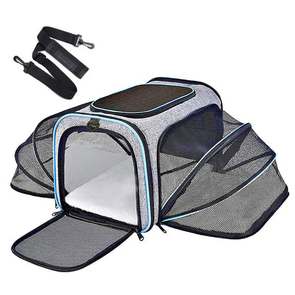 Expandable breathable pet carrier bag from Furvio Shop showing mesh sides and adjustable straps for comfortable pet travel.