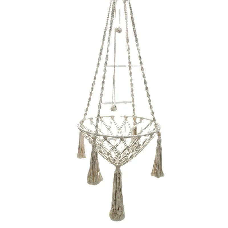 Furvio Shop boho macrame hand-woven cat hammock swing with cozy fabric and hanging design for comfortable cat lounging.