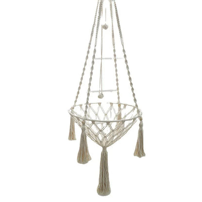 Furvio Shop boho macrame hand-woven cat hammock swing with cozy fabric and hanging design for comfortable cat lounging.