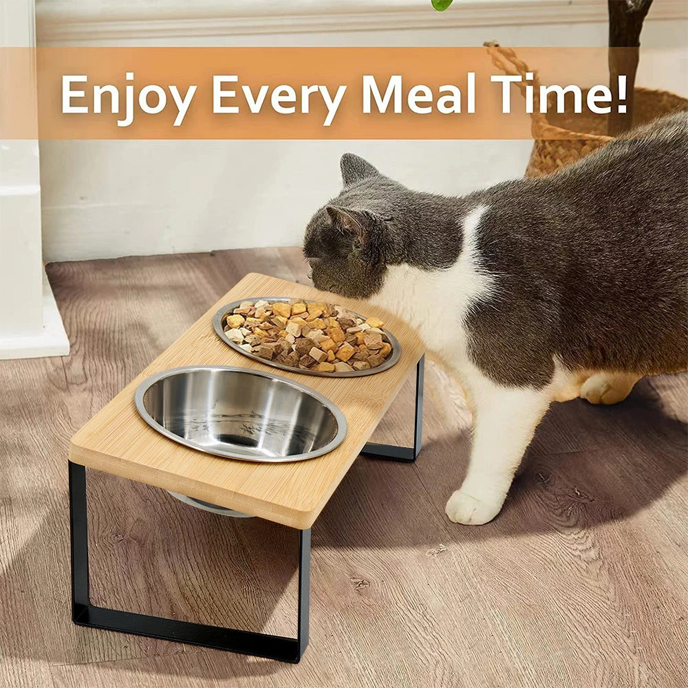 Elevated wooden dual cat bowl set by Furvio Shop featuring two ceramic bowls on a sleek wooden stand for easy feeding.