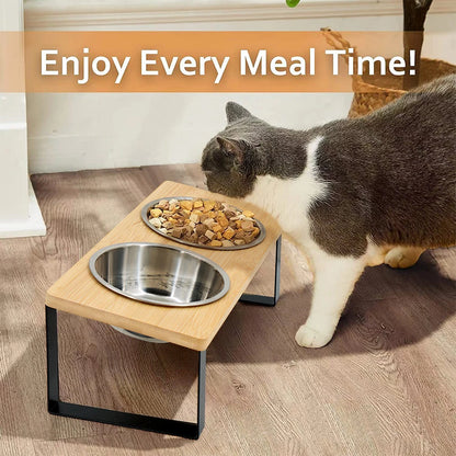 Elevated wooden dual cat bowl set by Furvio Shop featuring two ceramic bowls on a sleek wooden stand for easy feeding.