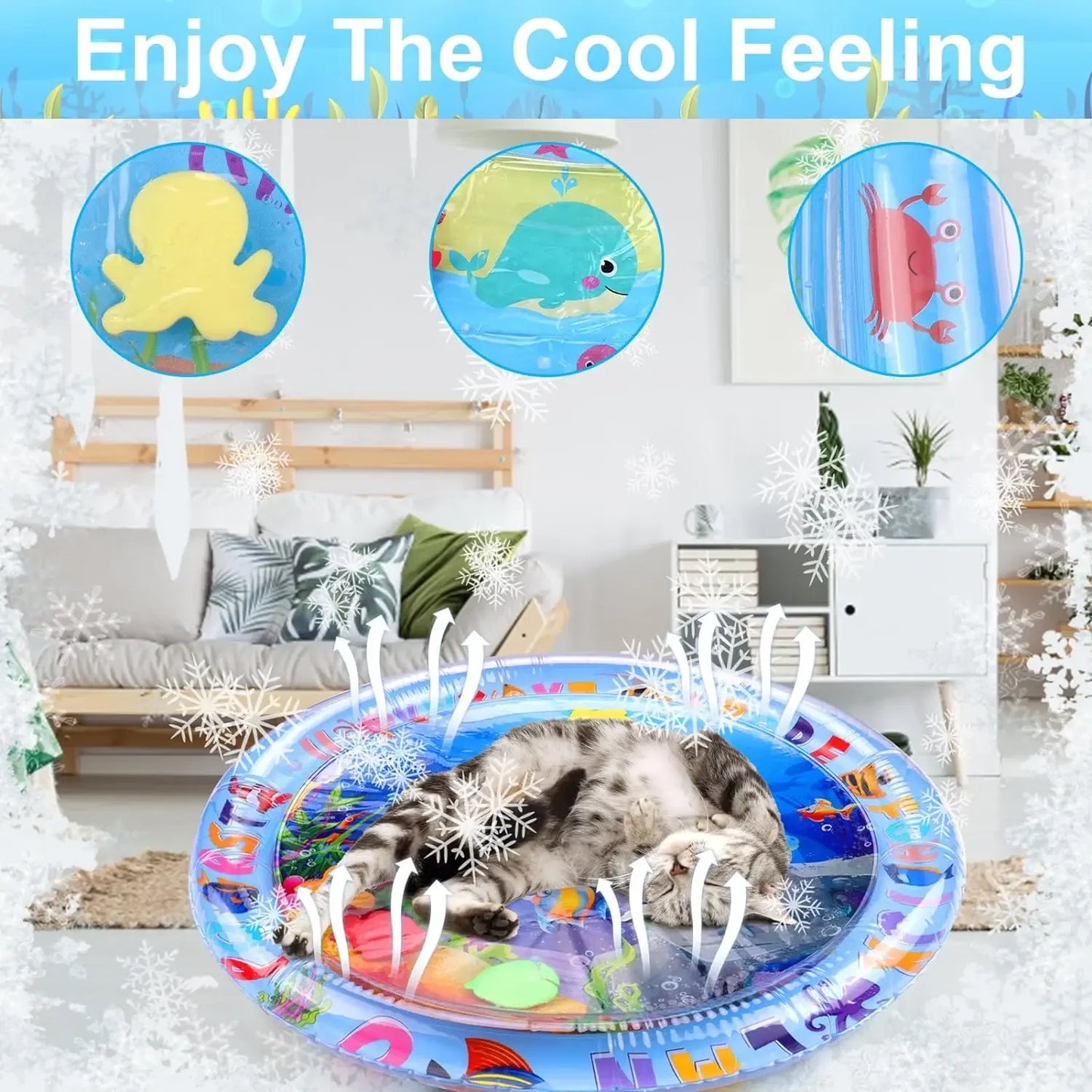 Interactive Furvio Shop sensory cooling water mat for pets, showing a pet lying on the textured, water-filled mat outdoors.